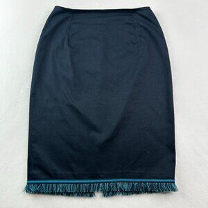 JEX Navy Pencil Skirt with Blue Fringe Trim - Size 34 Cotton Stretch Back Slit